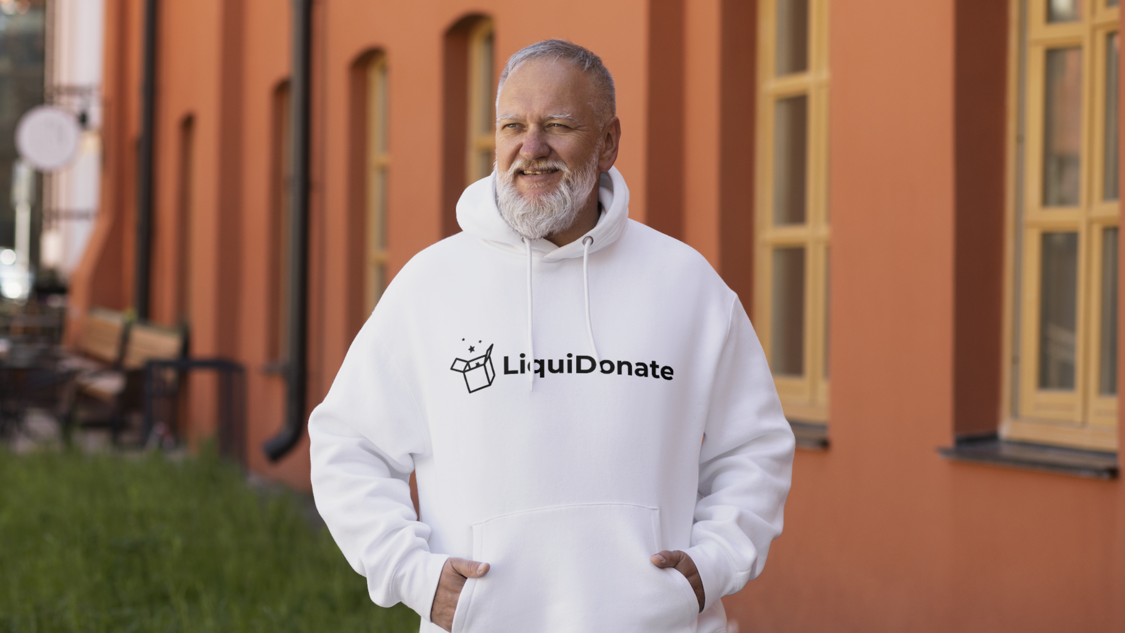 Man in a Donated LiquiDonate Sweatshirt