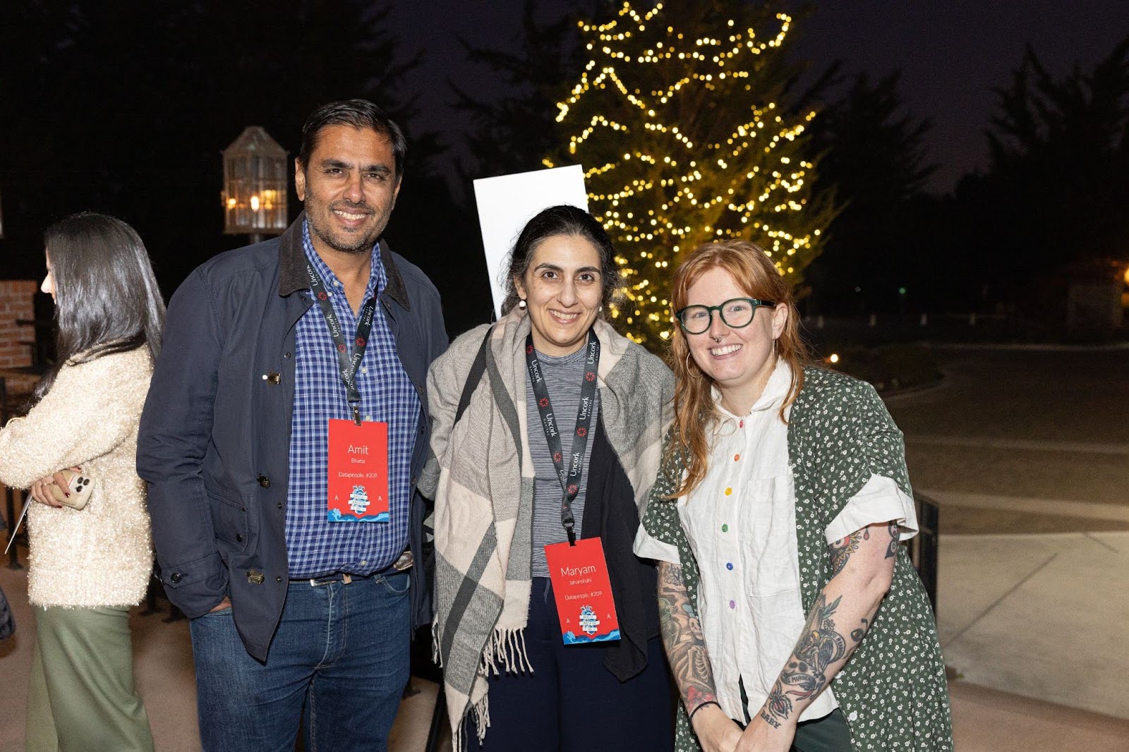 Amit and Maryam, Founders of DataPeople with LiquiDonate CEO Disney Petit at the Opening Event of the Uncork Portfolio Summit 2024 in Monterey, CA.